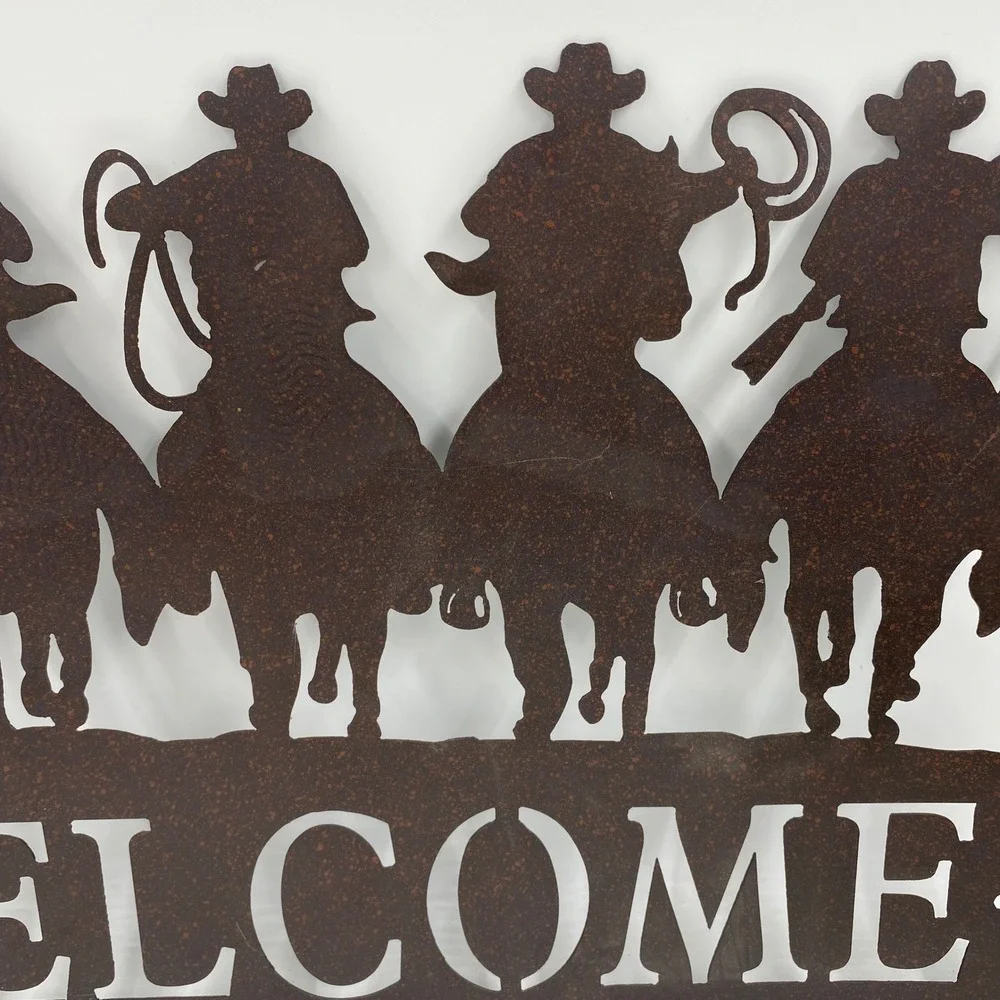Large Metal Cowboy Welcome Sign Rust Brown Western Wall Art Ranch Rodeo Horse
